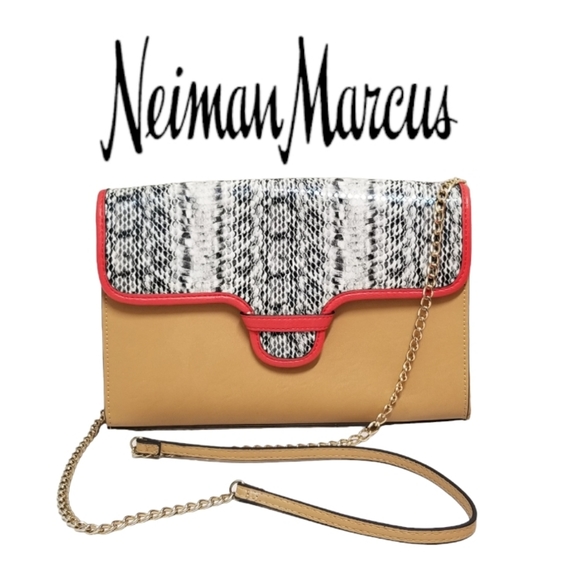 Neiman Marcus Python Embossed Flap Crossbody Clutch Tan Vegan Handbag - Picture 1 of 15
